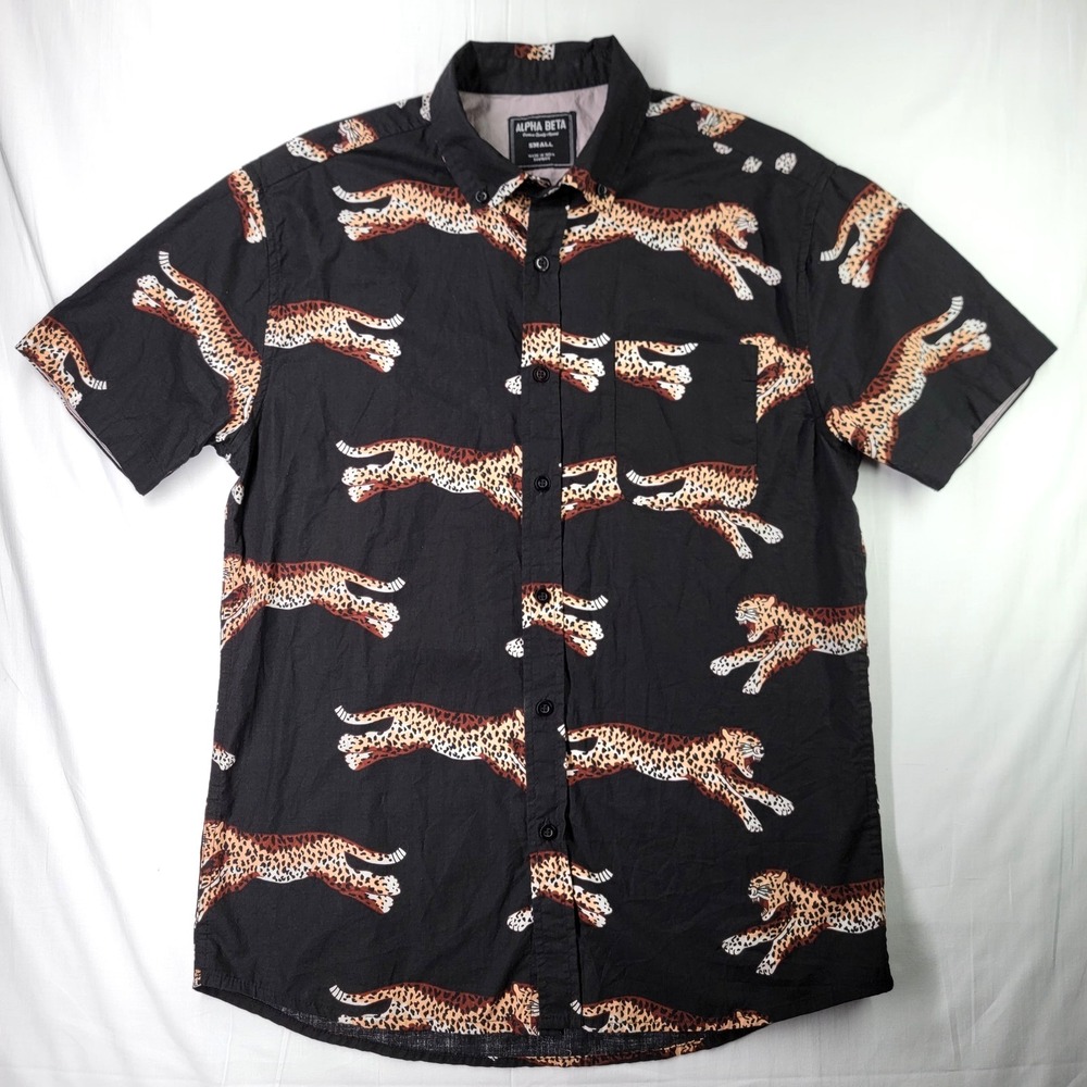 ALPHA BETA Shirt Men's Small Button Up Black Leopard Animal Print Short Sleeve